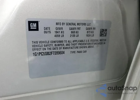 2015 Chevrolet Cruze Lt z USA, uszkodzony, nr VIN 1G1PC5SB2F7289604